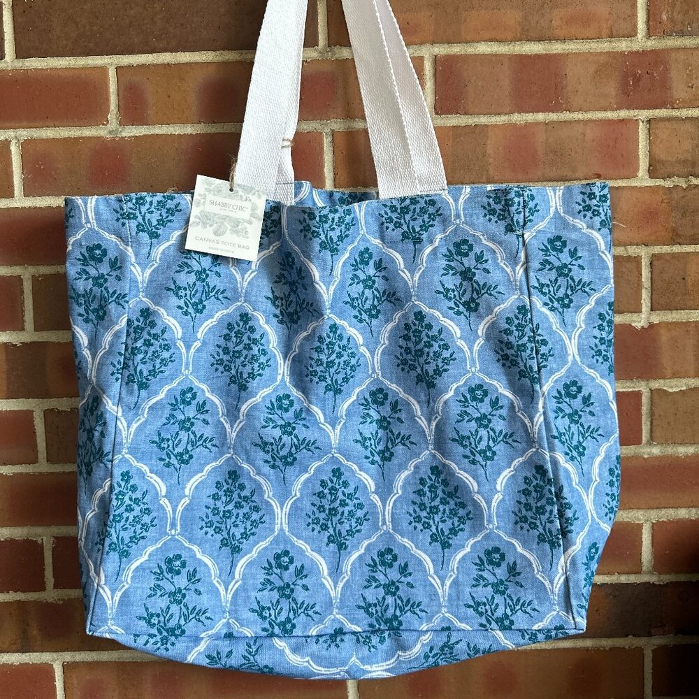 NWT Shabby Chic Blue Floral Patterned Canvas Tote 16”x 15”x 6"